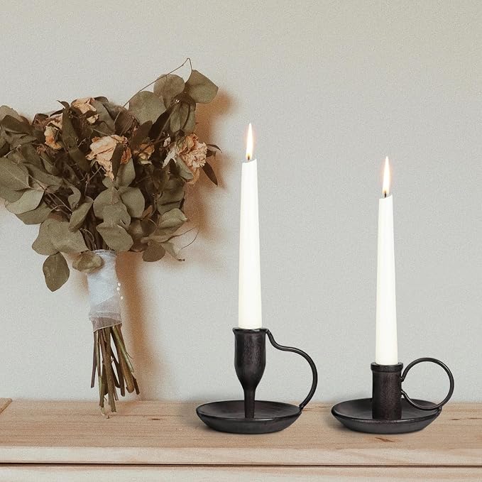 Matte Black Iron Candle Holder with Handle 2 Pcs Taper Candle Sticks Holder
