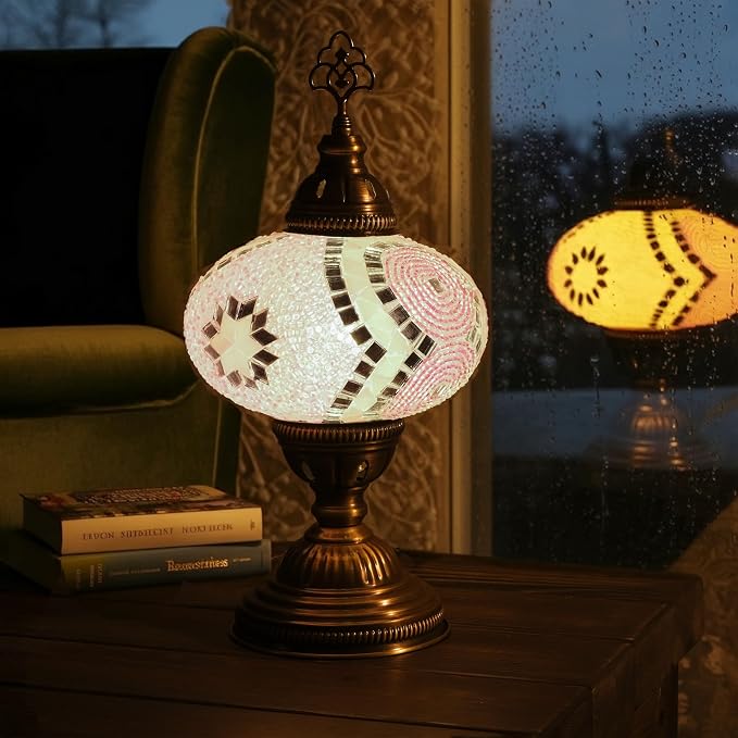 Turkish Mosaic Table Lamp with Bulb – Handmade Pink Stained Glass Light, Vintage Bohemian Decorative Bedside Lamp with US Plug & E12 Socket