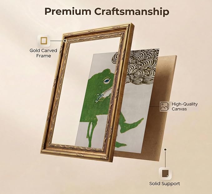 Vintage Gold Framed Bar Wall Art, Funny Green Frog Smoking Canvas Print, Abstract Whimsical Animal Painting Picture, Humor Retro Amphibian Poster Artwork for Kitchen Dining Room Living Room
