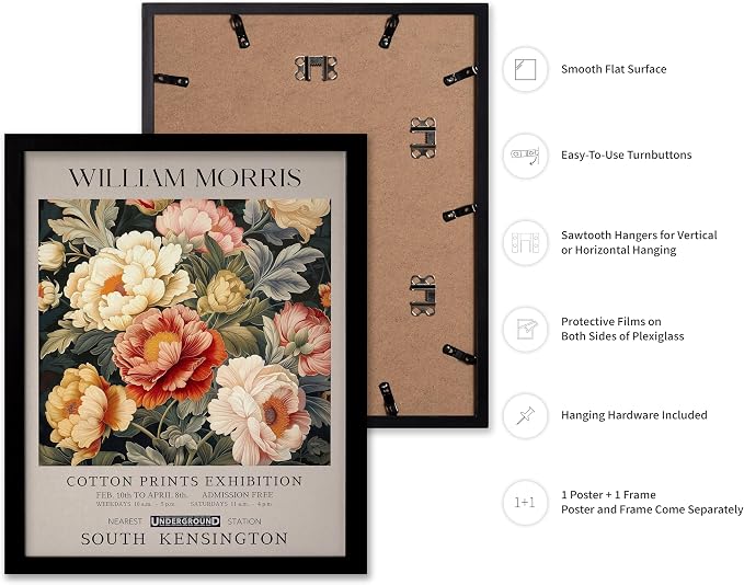 Poster Master William Morris Poster - Peony Print - Botanical Art - Flower Art - Exhibition Artwork - Animal Creation - Floral Piece - Aesthetic Illustration - Colorful Office or Bedroom Decor - 11x14 Black Framed
