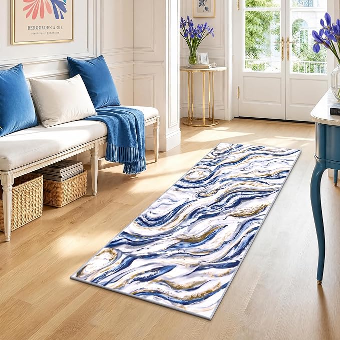 Yamaziot 2x5 Washable Modern Abstract Runner Rug Non-Slip for Hallways | Stain Resistant Kitchen Rug with Rubber Backing, Low Pile, Ultra Soft Carpet Runner for Bedroom, Laundry, Entrance,Blue