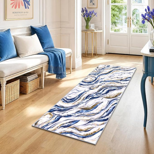 Yamaziot 2x5 Washable Modern Abstract Runner Rug Non-Slip for Hallways | Stain Resistant Kitchen Rug with Rubber Backing, Low Pile, Ultra Soft Carpet Runner for Bedroom, Laundry, Entrance,Blue