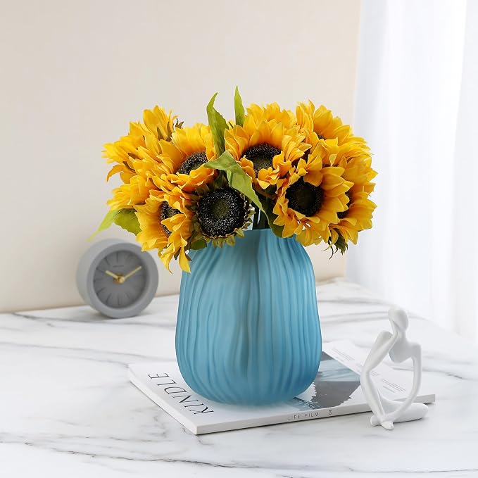 Frosted Blue Ribbed Glass Vase 8in Boho Elegant Decorative Vases for Home Flowers Arrangements, Centerpieces, Dinner Table and Modern Decor