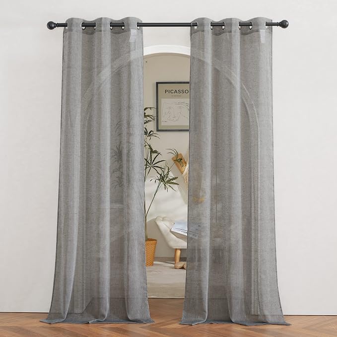 NICETOWN Charcoal Grey Living Room Curtains 84 inch Long, Grommet Linen Blend Semi-Sheer Window Drapes Privacy with Light Filtering for Bedroom/Cottage, W36 x L84, 1 Pair