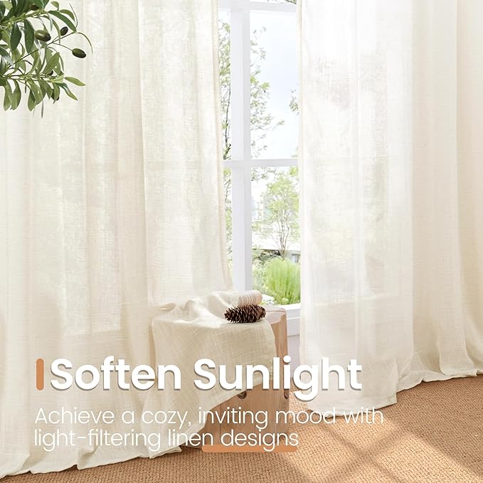 BGment Ivory Linen Curtains 84 Inches Long 2 Panels Set for Living Room | Semi Sheer Light Filtering Drapes with Rod Pocket Textured Lightweight Window Treatments for Dining Bedroom, 52 X 84 Inch