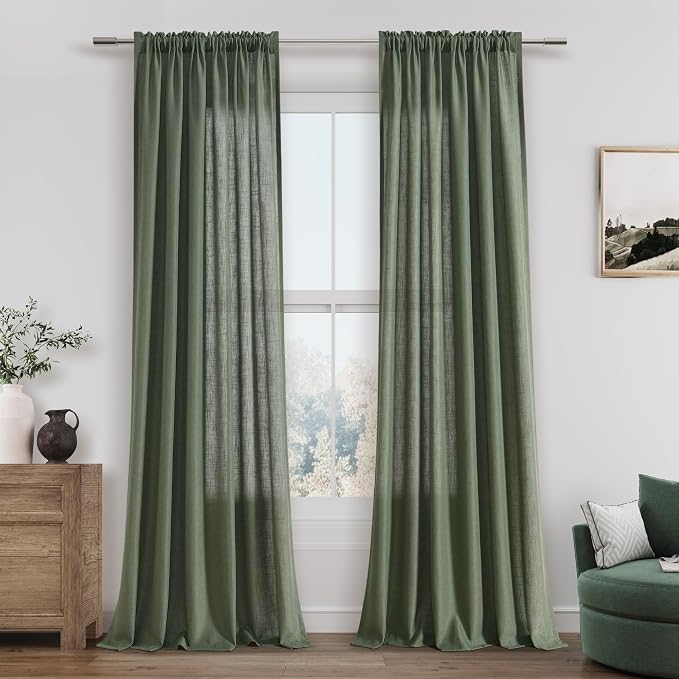 Olive Green Linen Curtains 102 Inch Length for Living Room Bedroom 2 Panels Set Rod Pocket Light Filtering Semi Sheer Window Curtains 52 Inch Width Boho Farmhouse Linen Drapes, W52xL102
