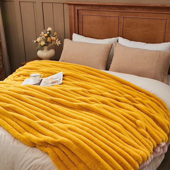 NEWCOSPLAY Faux Fur Ribbed Throw Blanket for Couch, Mustard Yellow, 50"x60" | Plush Soft Thick Warm Blanket for Couch Sofa Bed 850GSM, Fluffy Cozy Luxury Decorative Throw, Gift for Women Men