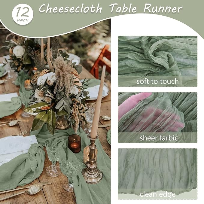 12 Pack 13Ft Cheesecloth Table Runner 35x157 Inch Boho Gauze Table Runner Cheese Cloth Long Rustic Table Runners for Wedding Bridal Shower Birthday Party Table Decor (Dusty Sage Green)
