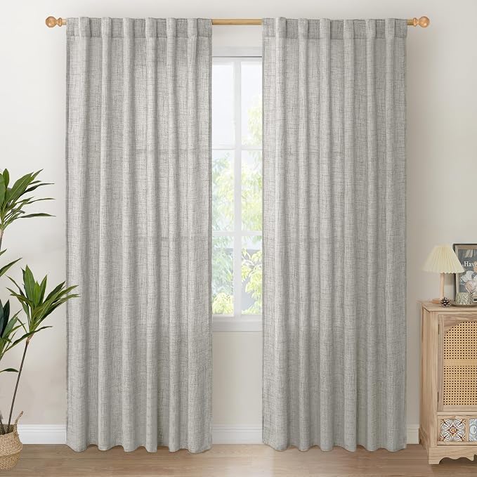 YoungsTex Dark Grey Linen Curtains 80 Inch Length 2 Panels for Living Room | Semi Sheer Drapes Rod Pocket Back Tab for Bedroom Office Privacy Light Filtering, 52 X 80 Inch