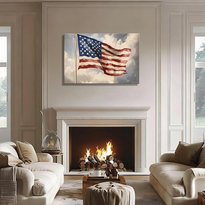 Vintage American Flag Framed Canvas Wall Art 12x18in, Patriotic Oil Painting Canvas Print, 4th of July Independence Day Wall Decor for Living Room, Bedroom, Office, Made in USA