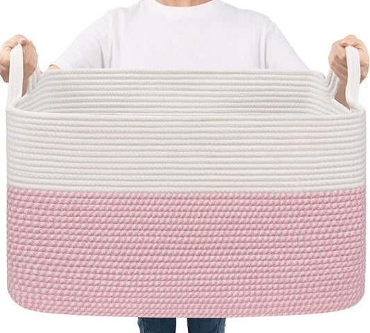 Goodpick Large Woven Rope Blanket Basket, Rectangle, White & Pink | 21.6'' x 14.9'' x 11.8'' Storage Basket for Baby Toys & Kids Essentials, Nursery & Bedroom Organization, Reinforced Handles