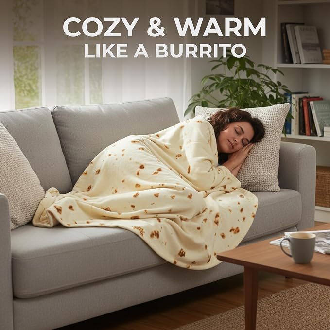 Zulay Kitchen Burritos Tortilla Blanket Wrap - Double Sided Large 71 inches Blanket - Holiday Novelty Soft Flannel Round Blankets Premium 280 GSM - Fun White Elephant Gift for Adults