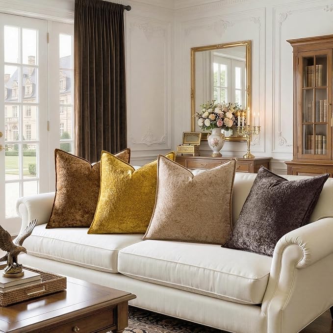 a moment Throw Pillow Covers 18X18 Inch 4 Packs,Soft Velvet Decorative Pillow Cases with 3D Ice Flower,Texture Modern Accent Cushion Covers for Sofa Couch Home Decor Dusty Gold