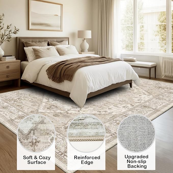 AooHHooA Washable Area Rug 8x10 Soft Stain Resistant Boho Vintage Rugs with Non Slip Backing, Low Pile Lightweight Large Rug for Living Room Bedroom Dining Room