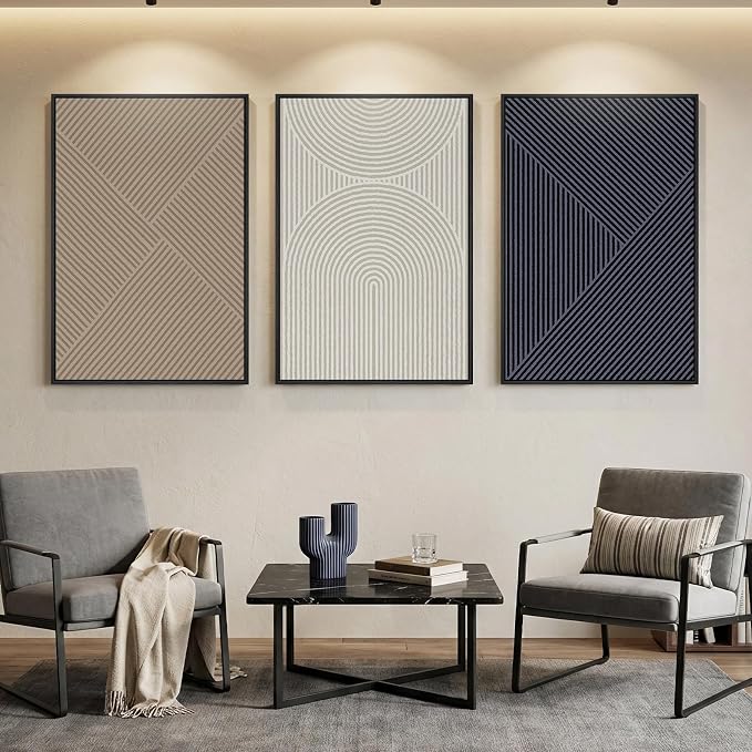 Large Framed Beige Blue Abstract Wall Art for Living Room, 3 Piece 24x36 In | Geometric pictures, Canvas prints, Wood frame, Modern artwork, Minimalist painting, Wall decor for dining room bedroom office