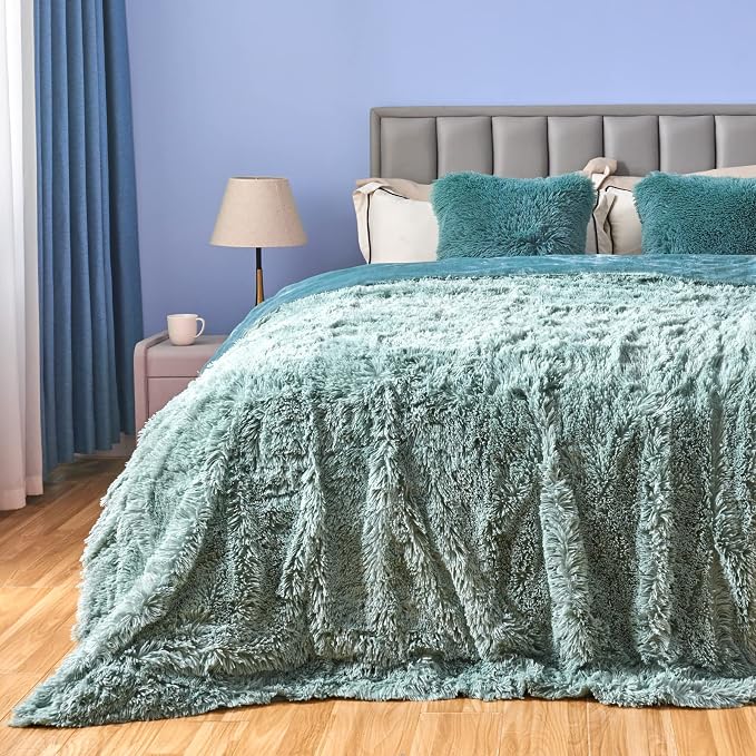 GONAAP Fuzzy Faux Fur Queen Blanket for Couch, Ice Blue, 90"x90" | Warm Cozy Plush Shaggy Decorative Reversible Thick Non-Heated Fleece Blanket for Sofa Bed, Gift for Women Men, All Season Use