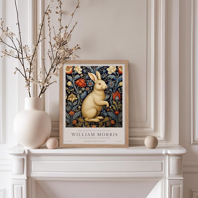 Poster Master William Morris Poster - White Rabbit Print - Flower Art - Animal Illustration - Floral Illustration - Bunny Illustration - Great Office or Bedroom Decor - 8x10 Beige Framed