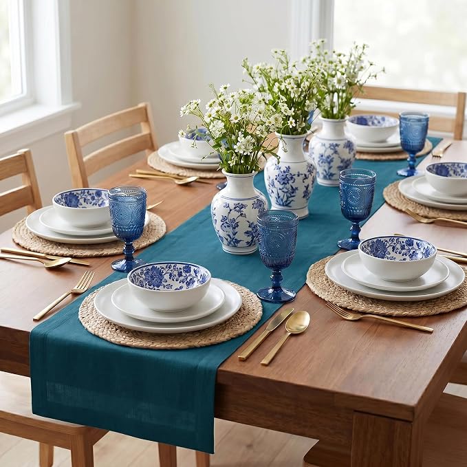 Solino Home 100% Linen Table Runner Peacock Blue Woven, Fete 14 x 72 in | brings a tailored look to family meals and hosting, European flax fibres, naturally breathable, soft, OEKO-TEX Certified