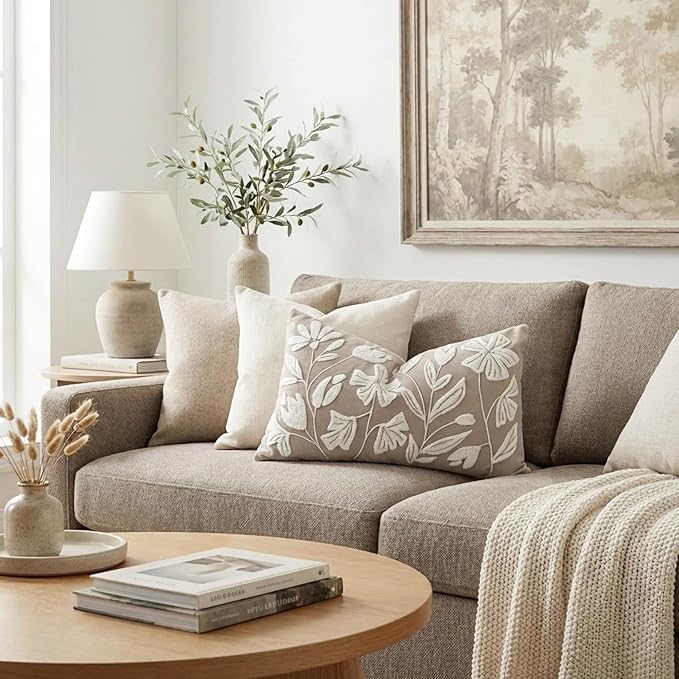 BlissBlush Decorative Lumbar Pillow Cover 12x20, Light Taupe Accent Velvet Throw Pillowcase for Couch Sofa Living Room, Floral Tufted Rectangular Cushion, Cover Only