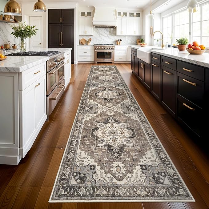 Washable Kitchen Runner Rug - 3x14 Hallway Rug Distressed Mats Non-Slip Soft Room Floor Carpet for Dining Room (Beige,3x14)