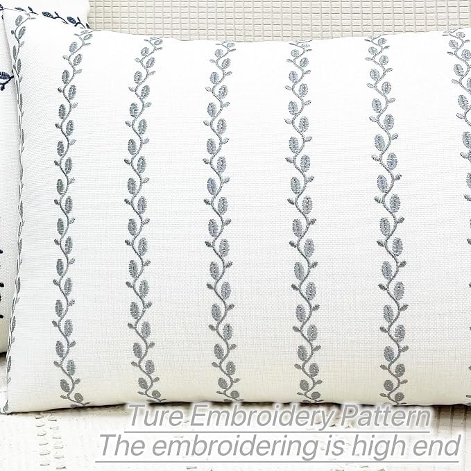 Slow Cow Linen Embroidery Rectangular Throw Pillow Cover Stripe Lumbar Cushion Cover for Couch Sofa 12 x 33 Inches Grey