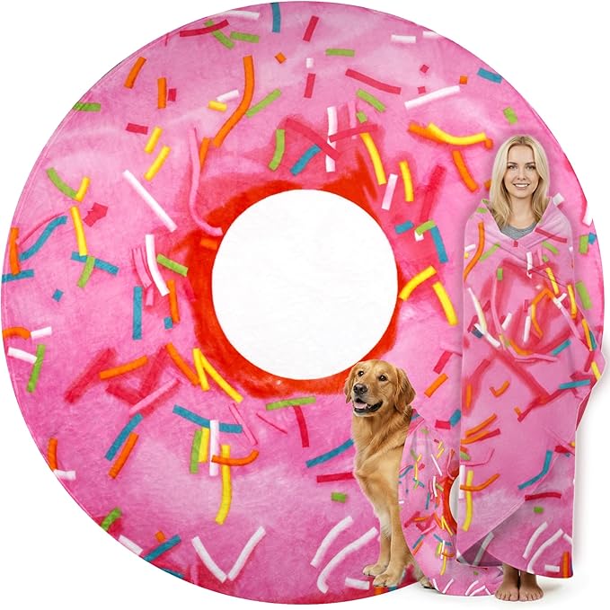 Zulay Kitchen Donut Blanket - Novelty Big Donut Blanket Adult and Kids - Premium Soft Flannel Round Pink Glazed Round Blanket for Indoors, Outdoors, Travel, Home 285 GSM - 71 Inches