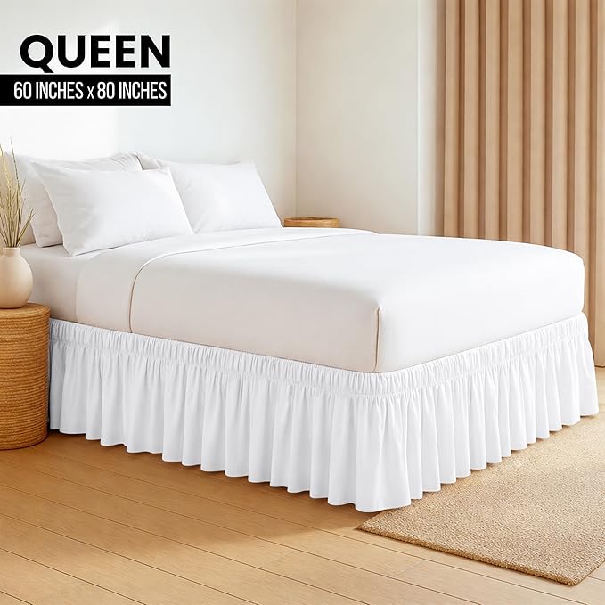 Wrap Around Queen Bed Skirt, Easy Fit Elastic Belt, 16 Inch Drop, White | No Mattress Lifting, Stay-Put Design, Adjustable Buckle & Elastic Belt, Wrinkle & Fade Resistant, Brushed Microfiber