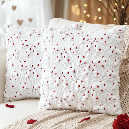 Artscope Valentines Bow Pillow Covers 20x20 Set of 2 Decorative Valentine's Day Throw Pillow Cases Soft Plush Faux Fur Couch Cushion Case for Holiday Sofa Bed Room Home Decor-White Bow