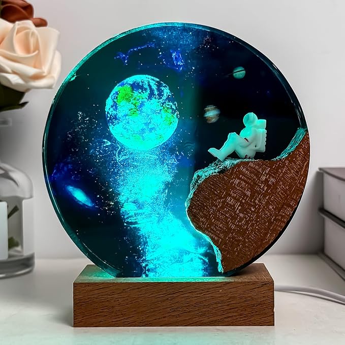 Handmade Galaxy Resin Lamp with Wooden Base