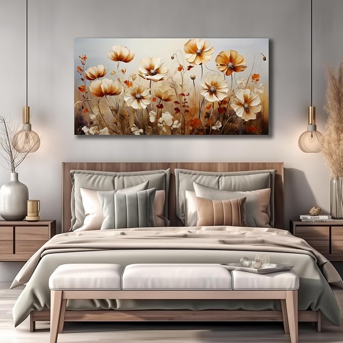 DNIEOTU Large Flower Wall Art for Living Room, Floral Canvas Wall-Decor for Bedroom, Beige and Brown Picture Prints for Hallway Office, Size 59 x 29 Inches