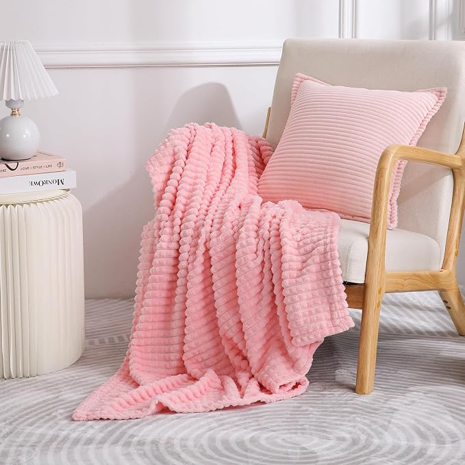 Puncuntex Fleece Throw Blanket Light Pink 50"×60" with Square Grid Design | Super Soft Plush Cozy Flannel Throw Blanket Luxury for Couch Sofa Chair