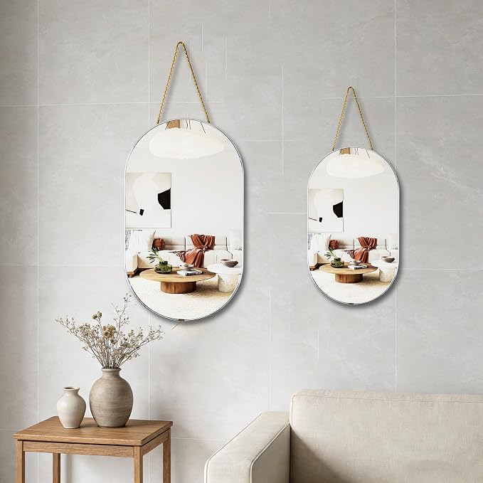 Oval Mirror with Lanyard, High Definition,Sliver, 11.61x18.9inch | Mirror for Bathroom, Hallway, Living Room