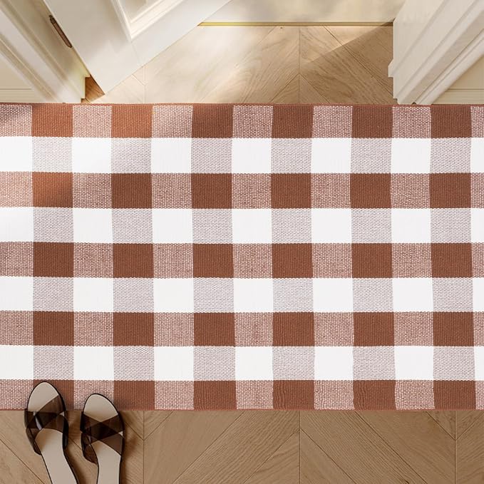 Buffalo Plaid Area Rug 3x5 Ft, Brown White Indoor Outdoor Rug | Cotton Blend, Brown White Checkered, Machine Washable, Front Porch Entryway, Kitchen Bathroom