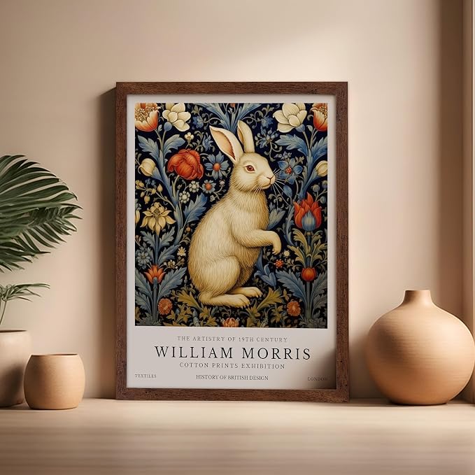 Poster Master William Morris Poster - White Rabbit Print - Flower Art - Animal Artwork - Floral Design - Bunny Illustration - Great Office or Bedroom Decor - 16x20 Brown Framed