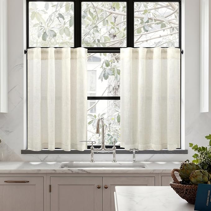 Pitalk 24 Inch Cafe Linen Curtains for Kitchen Window Boho Rustic Semi Sheer Light Filtering Short Curtain Back Tab Rod Pocket Neutral Drapes for Bathroom Basement Cabinet 2 Panel 34 x 24 Length Cream