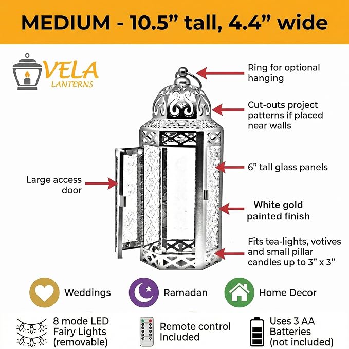 Vela Lanterns Decorative Indoor Fairy Light Candle Holder, White Gold, M | Wedding Table Centerpieces, Ramadan & Eid Mubarak Decorations, Turkish Moroccan Metal Hanging Lamp, Patio, 10.5" Tall