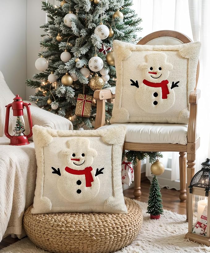 Christmas Pillow Covers Set of 2 Soft Plush Faux Fur Pillow Cases 3D Embroidered Decorative Couch Cover Home Decor Christmas Throw Pillow Covers 18x18,Beige Snowman