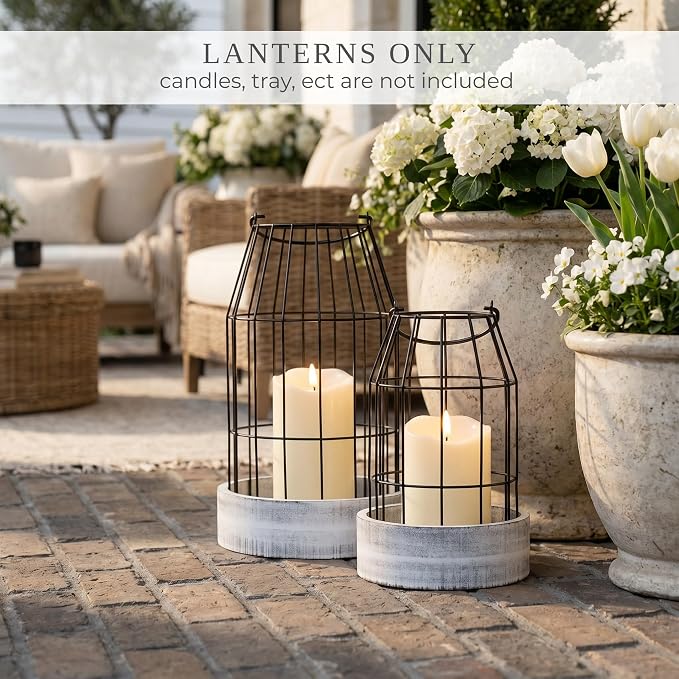 Rustic Farmhouse Lantern Decor Set of 2 - Stylish Decorative Lanterns for Your Living Room, Patio & Porch or Kitchen Dining Table - Modern Indoor/Outdoor Coffee Table Decor for Your Entire Home