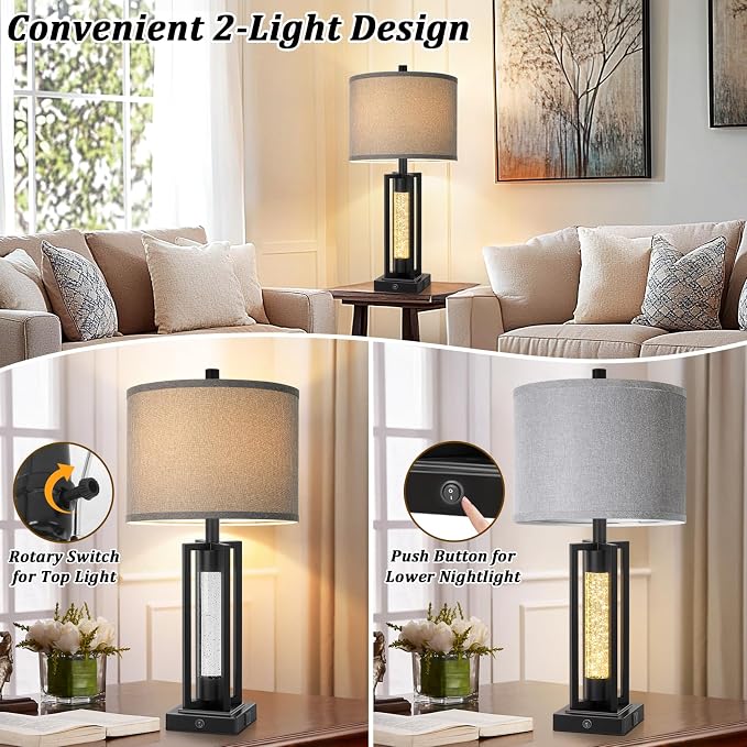 TOBUSA 26" Black Farmhouse Table Lamps Set of 2 with Crystal Night Light
