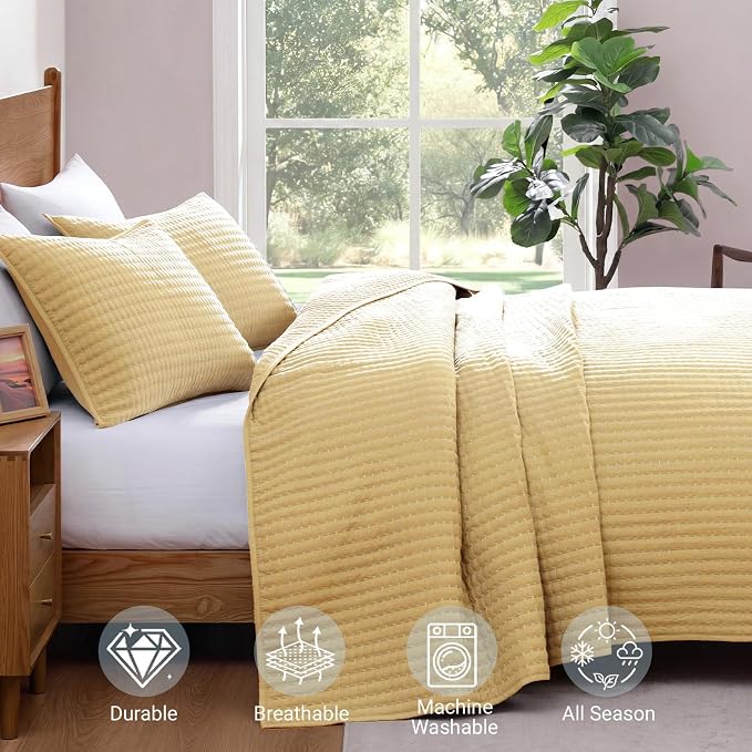 WRENSONGE King Size Quilt-Lightweight Bedspreads Yellow King Quilt Bedding | Soft Coverlet with 2 Pillow Shams for All Seasons, Suitable for Bed, Couch, 3 Pieces, 106"x94"