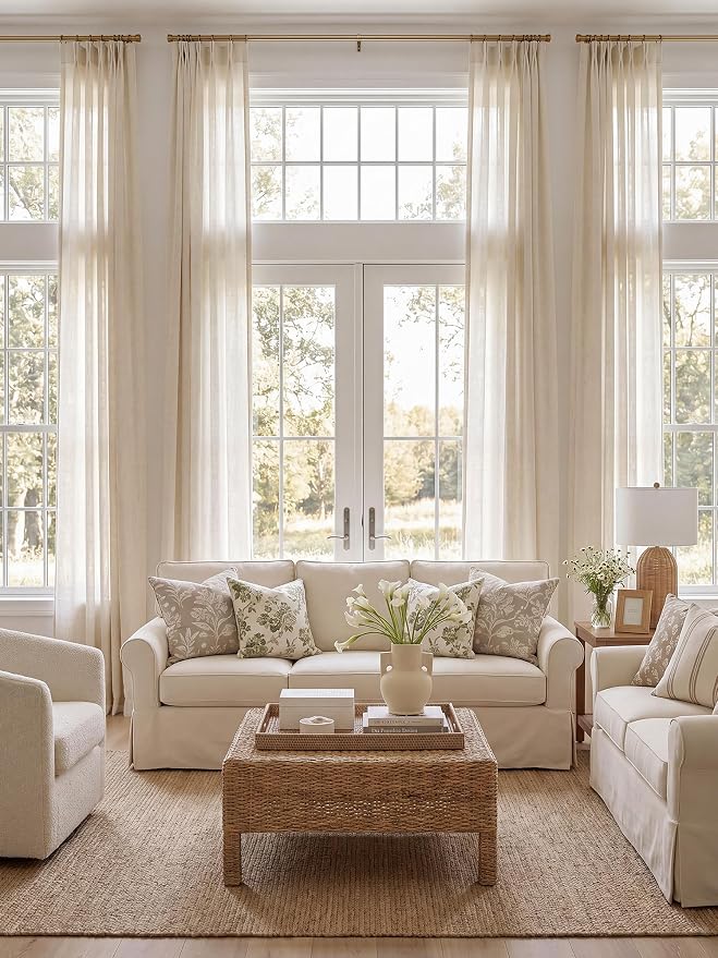 Liz Pinch Pleated Linen Curtains 72 Inches Long - Light Filtering Curtains for Living Room, Semi Sheer Window Curtains for Bedroom, Luxury Pinch Pleated Drapes with Hooks, Natural, 2 Panels Set