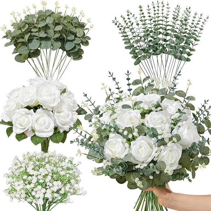 Serwalin 60 Pcs Mixed Eucalyptus Greenery Stems, White Roses, Babys Breath | Greenery for Centerpieces, Faux Eucalyptus Stems for DIY Wedding Bouquets, Floral Arrangement, Vase and Home Decor