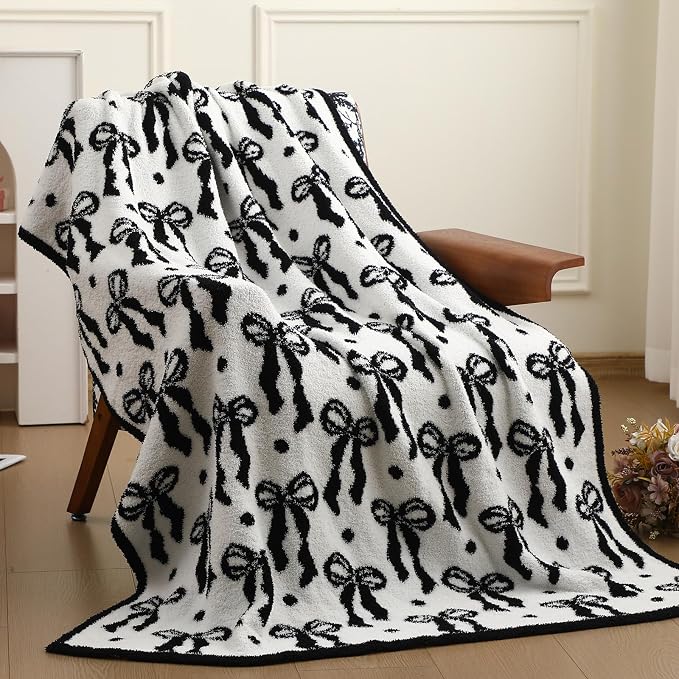 Buryeah Black Bow Blanket Soft Microfiber Double Sided Bow Throw Blanket 50"x 60" Coquette Aesthetic Dormitory Room Decor Plush Sofa Chair Bedding Stuff for Women, Christmas Fall Thanksgiving Gifts