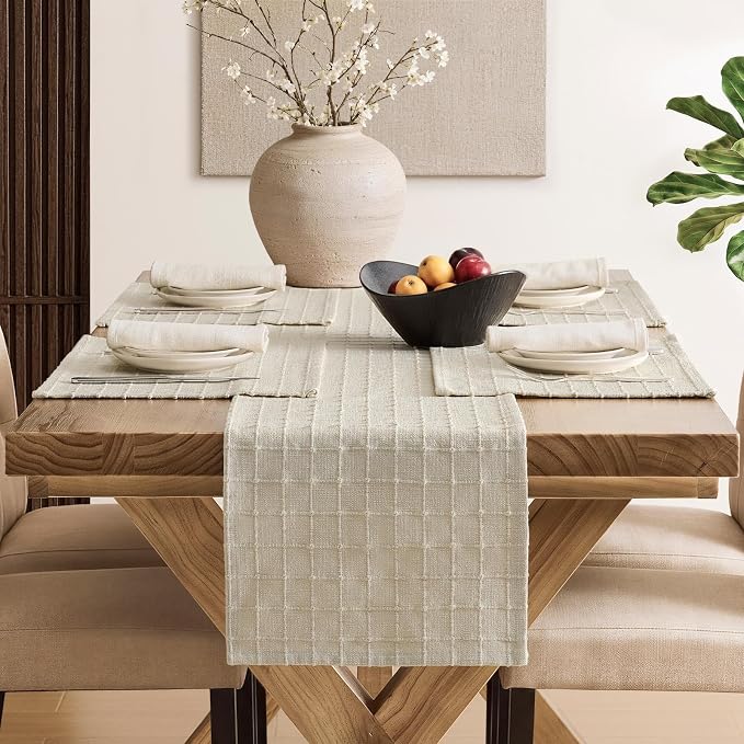 ZeeMart Artisanal Grid Linen Table Runner, 13x60 Inches Neutral Beige | Heavy Textured, Durable Thick Fabric, Farmhouse Handwoven Feel Linen Runner, Easy Care Table Decor for Kitchen Dining Room