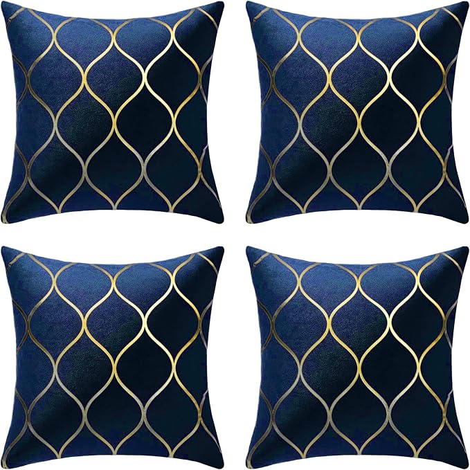Gyulin Pack of 4 Gold Velvet Throw Pillow Covers 18x18 Inches Solid Square Pillow Covers Geometric Cushion Covers for Couch Sofa Home Bedroom Décor, Navy Blue