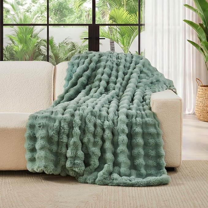 Lotus Karen Faux Fur Throw Blanket Sage Green - Big Bubble Rabbit Fluff Blanket for Couch Bed Sofa,Softest Fluffy Fuzzy Cozy Blanket,Plush Thick Furry Shaggy Warm Blankets for Women,60x80 Inches