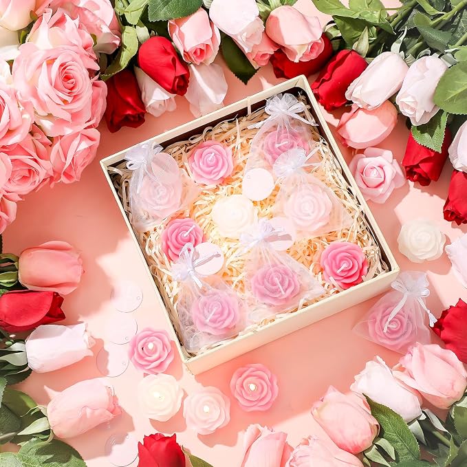 Treela 50 Set Rose Flower Candles, Pink Series Wedding Favors for Guests