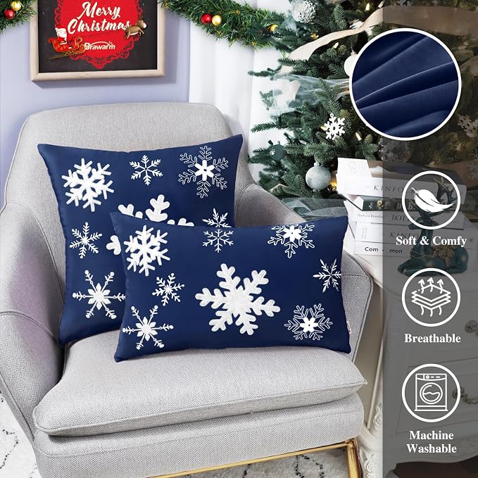 BRAWARM Christmas Pillow Cover 18 X 18 Inches, Navy Blue Snowflake Embroidered Pillow Cover, Soft Velvet Decorative Throw Pillow for Couch Bed Sofa Living Room Home