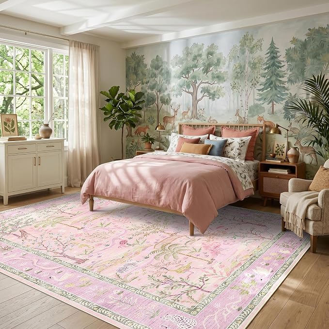 8x10 Washable Rug for Living Room Purple Animal Print Large Bedroom Rugs Non Slip Forest Nursery Girls Room Throw Carpet Stain Resistant Whimsical Safari Area Rugs for Home Office, Lavender