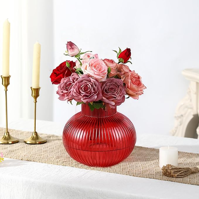 Red Glass Vase, Flower Vases for Bouquet, Ribbed Glass Vases for Flowers, Small Red Vase for Living Room, Office, Coffee Table, Shelf, Wedding, 6 Inches